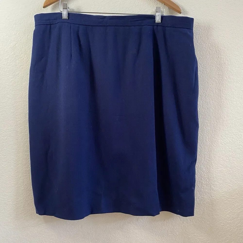 Vintage Jones New York Pencil Skirt 24W Navy Blue Wool Pleated Lined‎ Zipper
